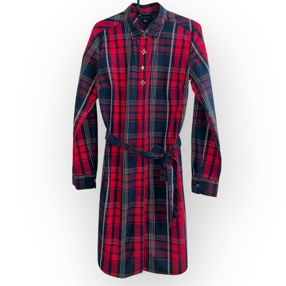 Tommy Hilfiger Red Navy Plaid Shirt mini collar Longsleeve cotton dress belt S - Picture 2 of 8